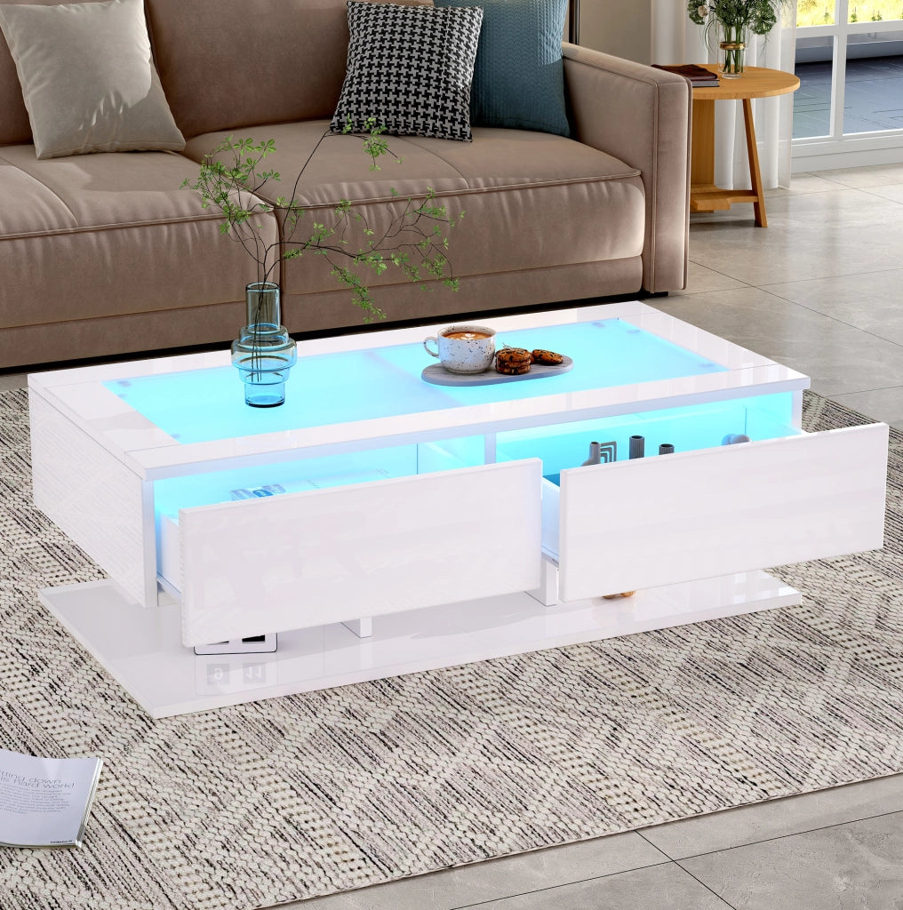 Tavolino da caffè bianco lucido con LED e 2 cassetti