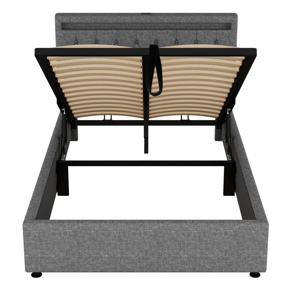 Letto imbottito 140x200 cm con contenitore; LED APP; USB e Type-C; lino e MDF; grigio