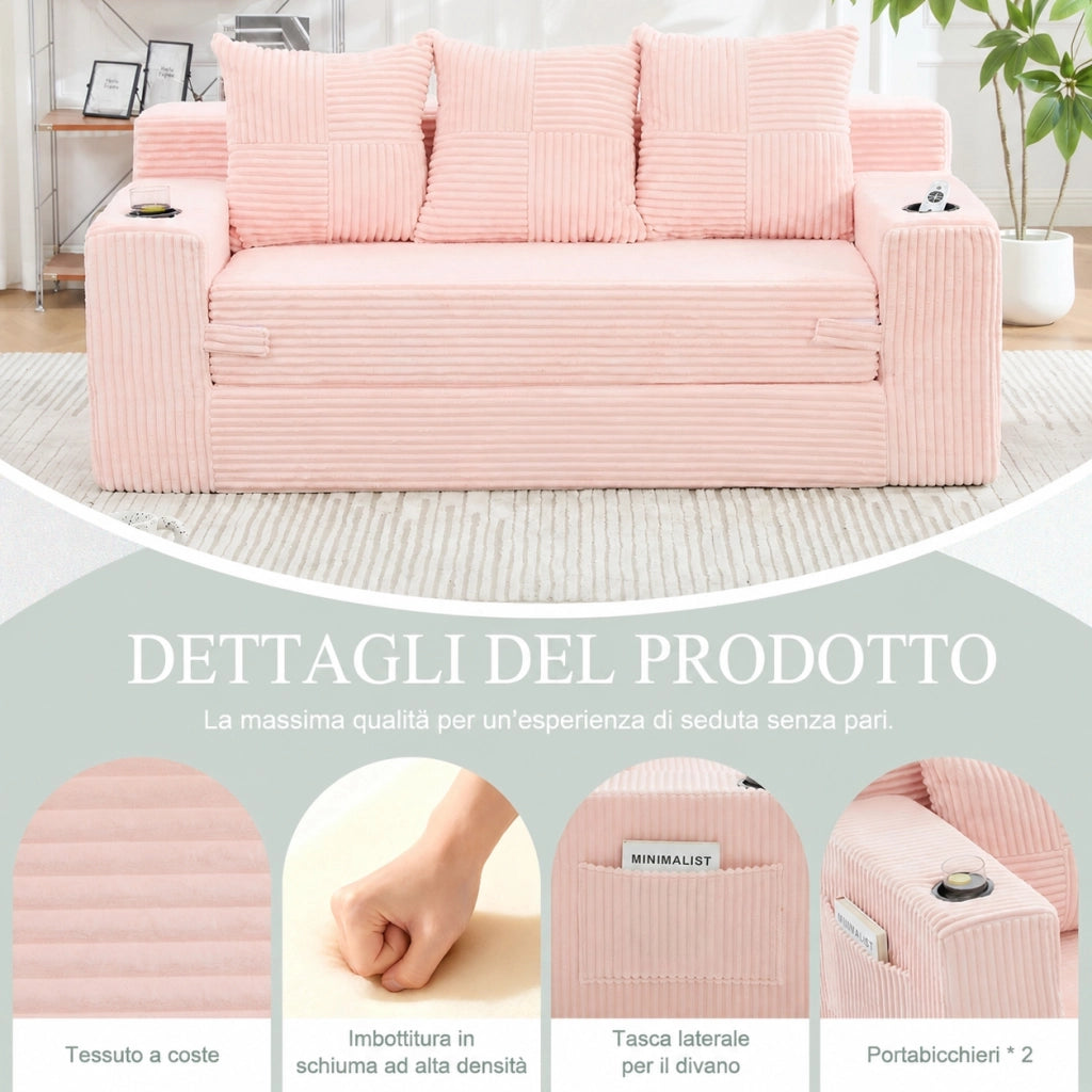 Divano tre posti in velluto a coste rosa; modulare salvaspazio con porta bicchieri