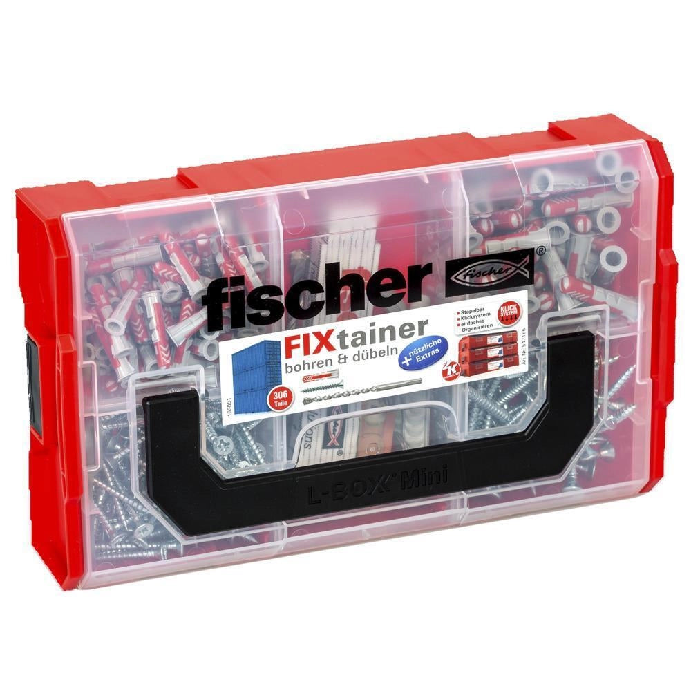 Fischer 547166 FIXtainer Set per Forare e Tassellare 306 Pezzi con Tasselli DUOPOWER Viti e Accessori colore Grigio Chiaro-Rosso