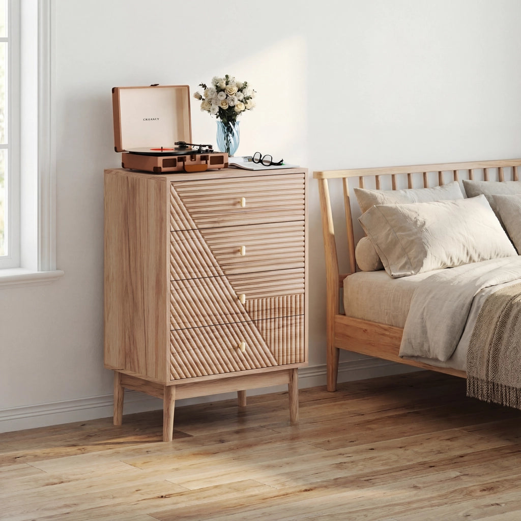 Comodino cassettiera a 4 cassetti in effetto rovere, mobile moderno multiuso per soggiorno e camera da letto
