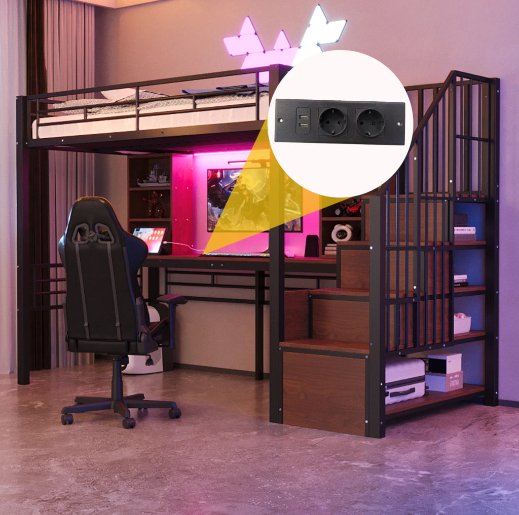 Letto a soppalco 90x200 cm con scrivania; scala contenitore reversibile e LED; nero
