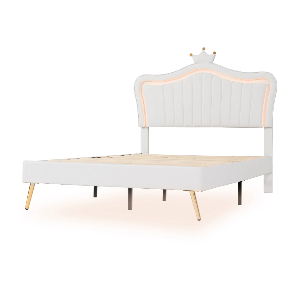 Letto per bambini imbottito 140x200 cm con LED; testiera a conchiglia con corona; bianco