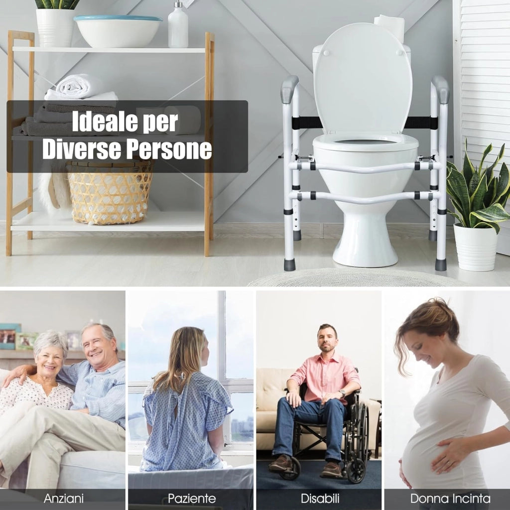 Supporto per WC, Supporto per WC con Altezza e Larghezza Regolabili e Dispositivi di Fissaggio Girevoli a 360°, Supporto per Bagno per Anziani Disabili