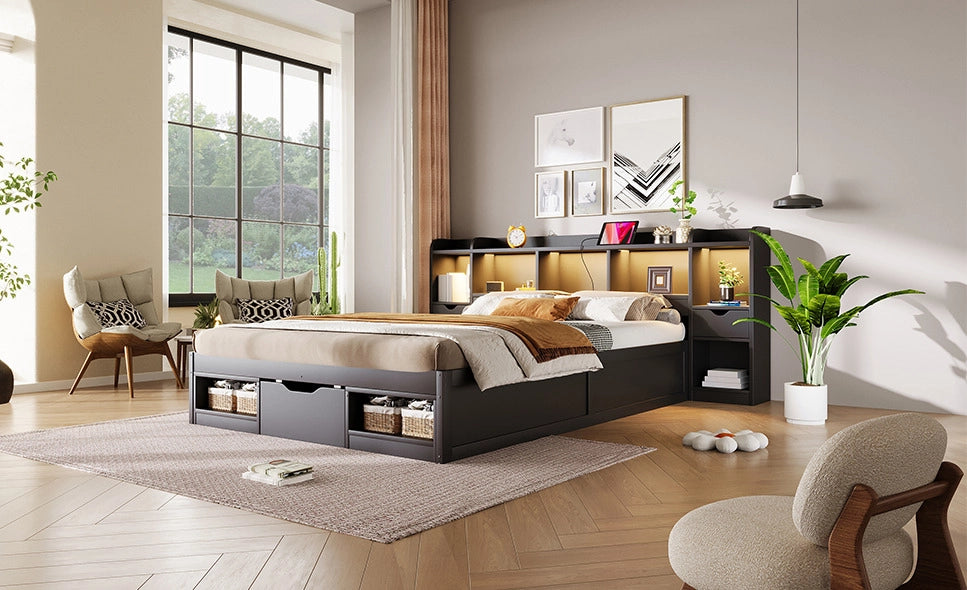 Letto a piattaforma nero 140x200 cm con testiera e pediera contenitore, 3 cassetti, LED e porta USB