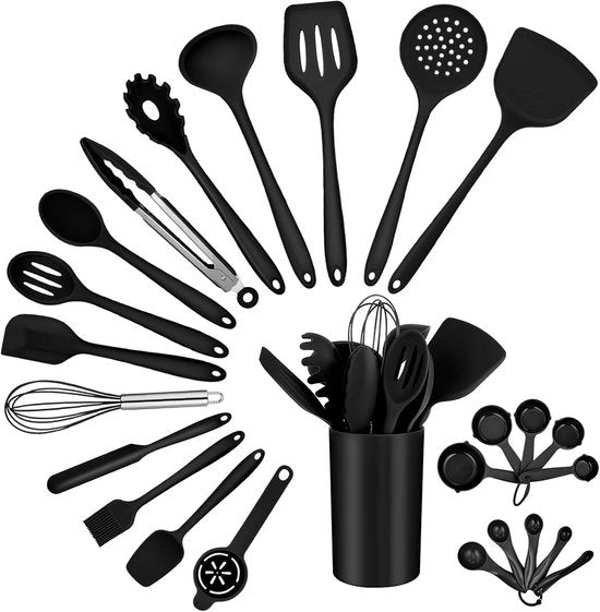 Kit di cucina completo con 25 pezzi di utensili in silicone, rivestimento antiaderente e resistente alla lavastoviglie - Nero