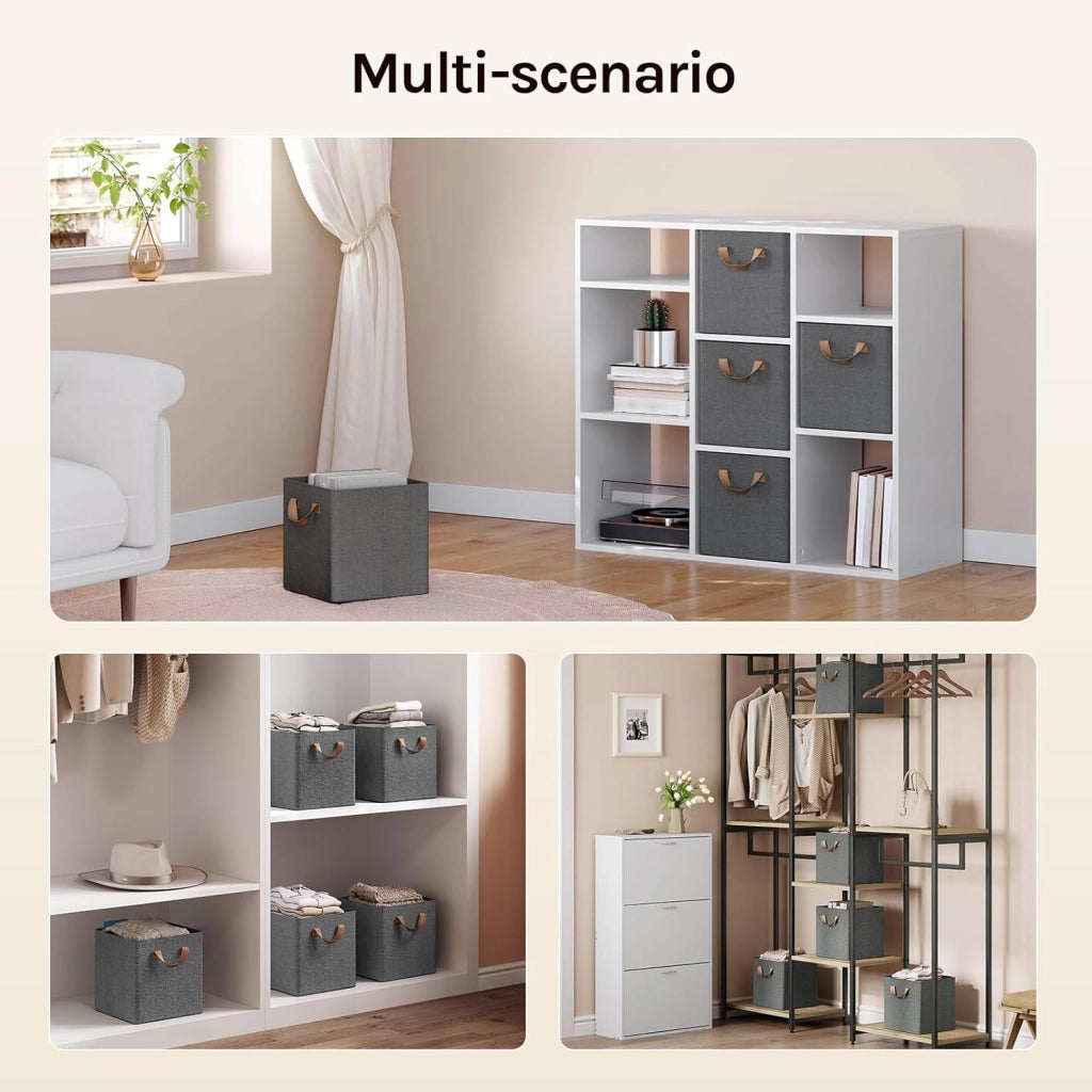Set di 5 Cubi di Tessuto, Scatole Ripiegabili da Ripiano con Maniglia e Telaio in Metallo, Grigio, 32,5x32,5x31cm