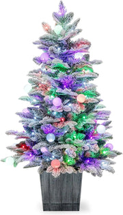 Mini Albero di Natale Artificiale 100 cm con Luci LED, Albero di Natale Piccolo con 148 Rami, Christmas Tree Innevato da Tavolo con Base, per Ufficio, Negozio, Casa, Verde e Bianco
