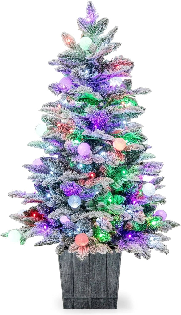 Mini Albero di Natale Artificiale 100 cm con Luci LED, Albero di Natale Piccolo con 148 Rami, Christmas Tree Innevato da Tavolo con Base, per Ufficio, Negozio, Casa, Verde e Bianco