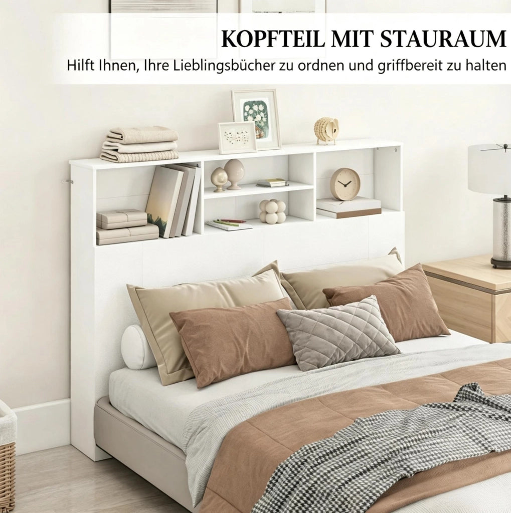 Testiera per letto 140 cm con 4 ripiani aperti, bianca, in truciolato e MDF