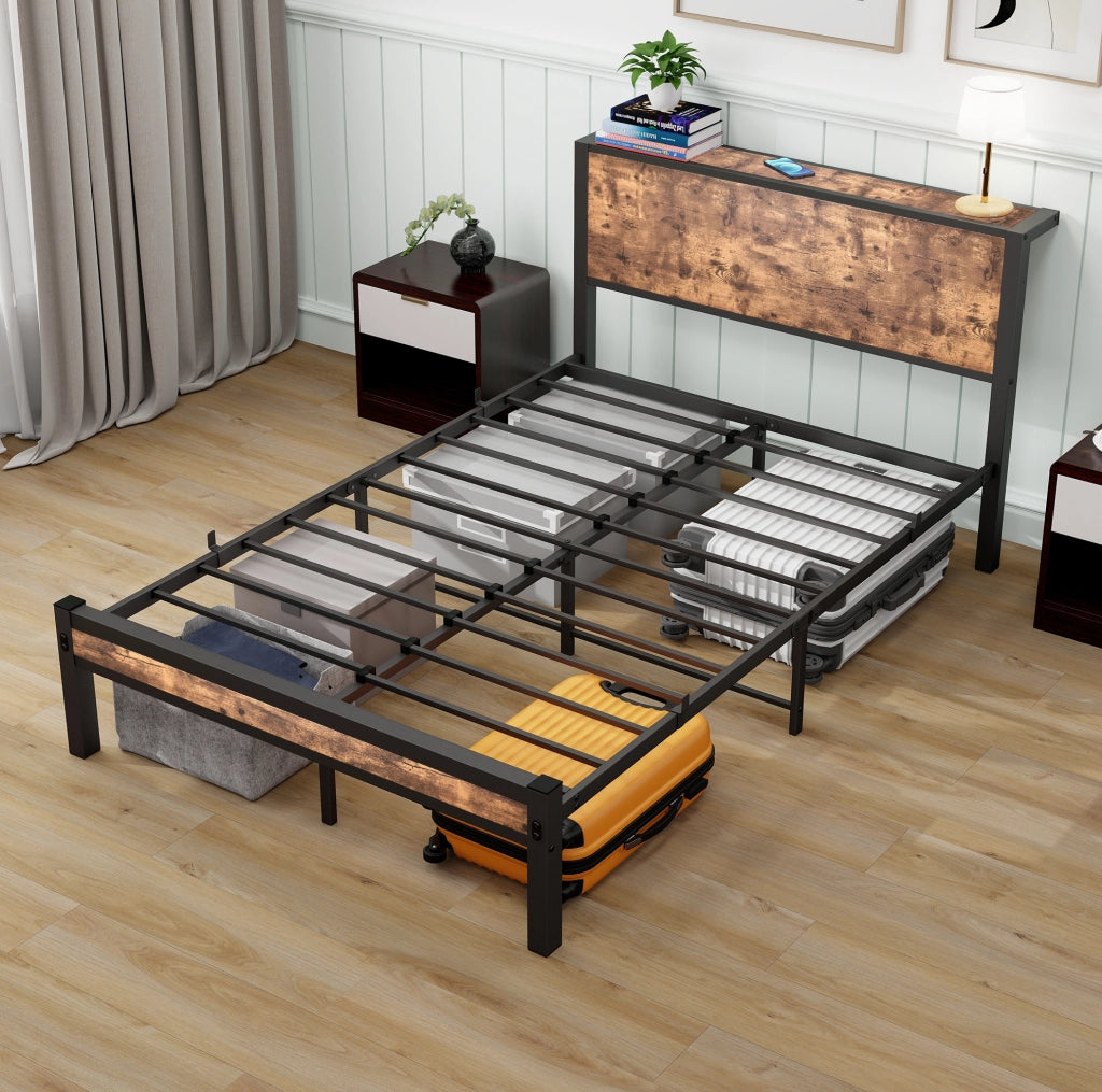 Letto 120x200 cm con contenitore e senza box spring in MDF e metallo; marrone antico
