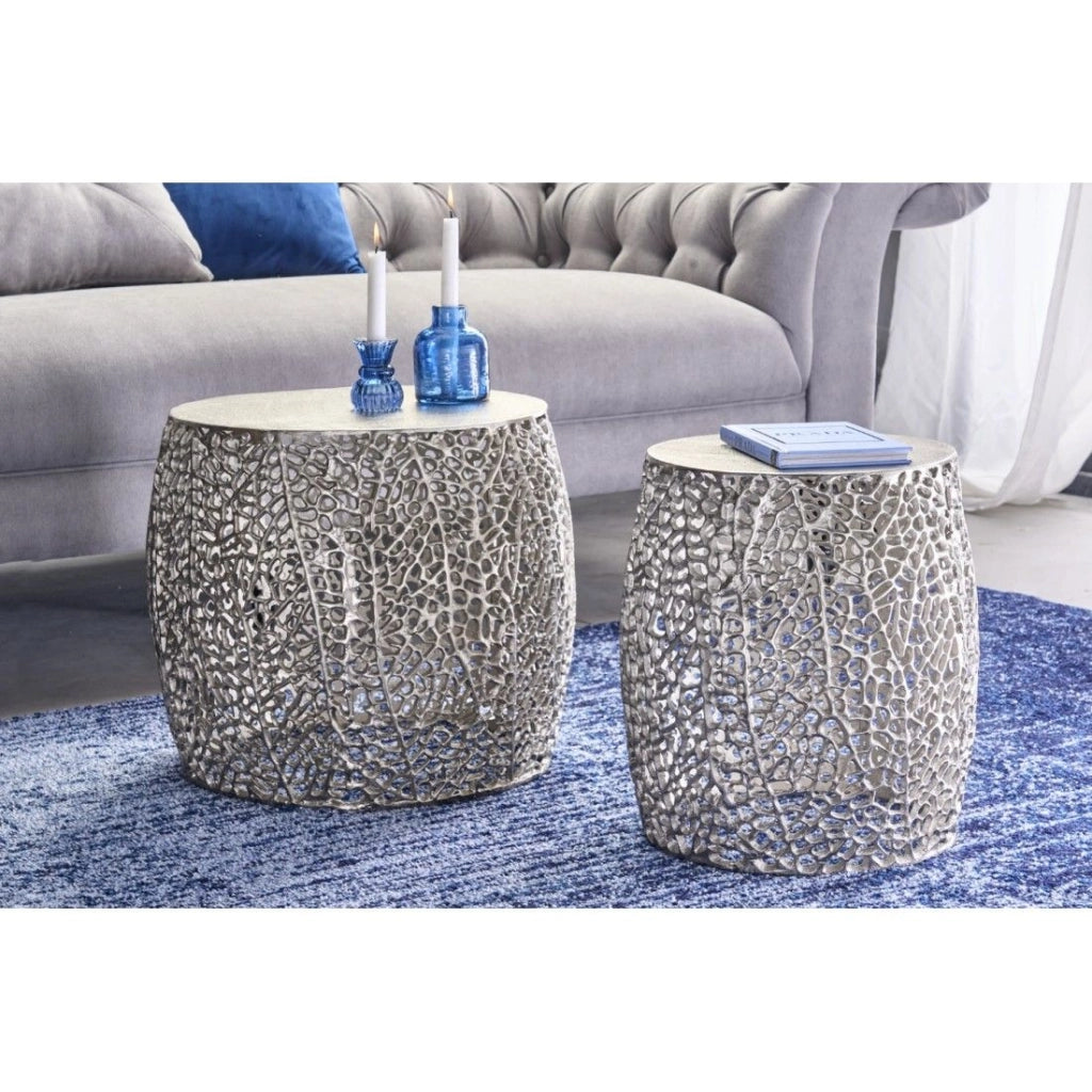 Set di 2 tavolini METRIX argentati con piccolo motivo arrotondato – Tavolini design in alluminio opaco