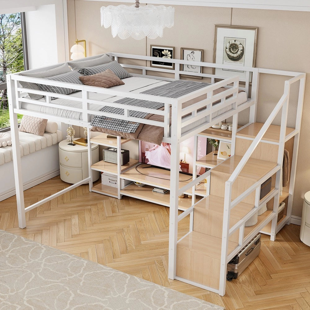 Letto a soppalco con TV - Zephmum- 140x200 - Bianco - Presa di corrente e scala di sicurezza