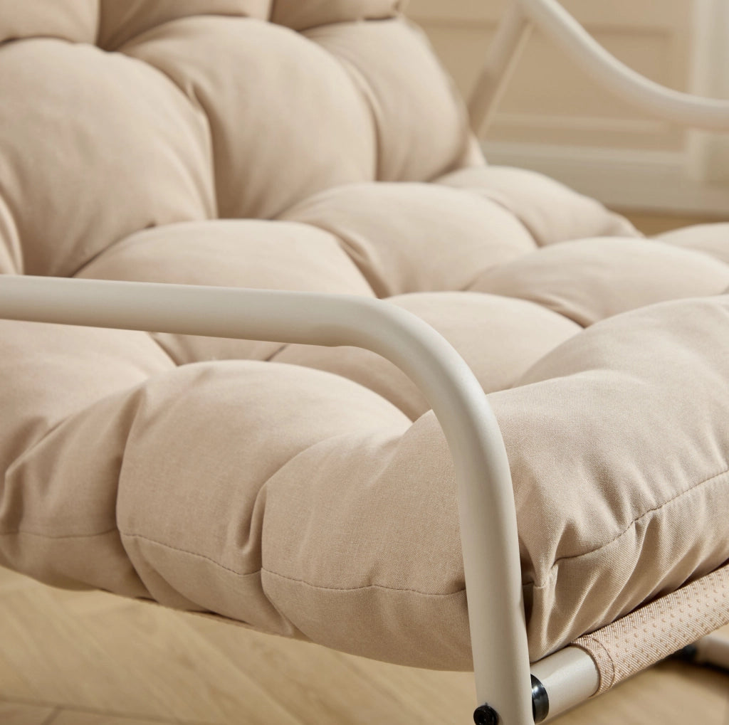 Poltrona a dondolo da esterno 116x75x82 cm beige con cuscino spesso per salotto