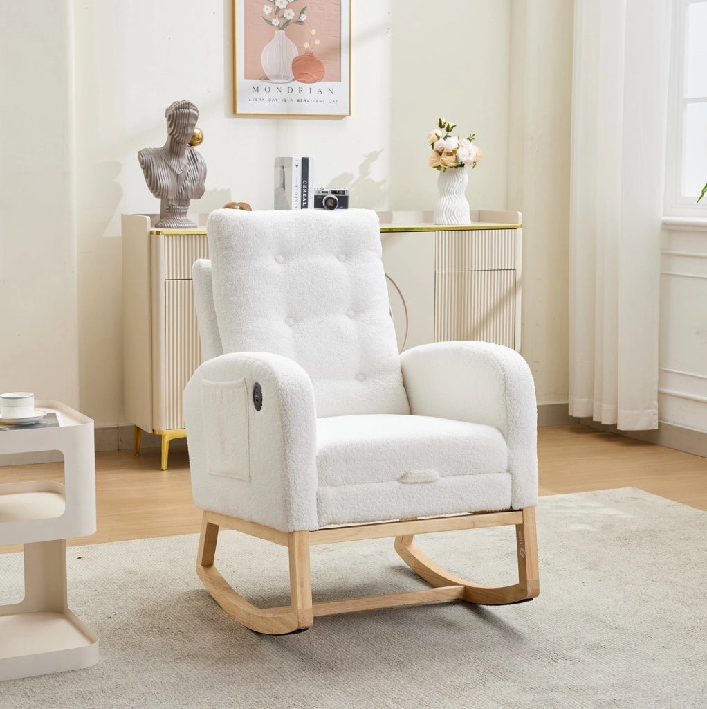 Sedia a dondolo 66.5x121.5x102 cm con poggiapiedi estraibile; tasche laterali; legno; bianco