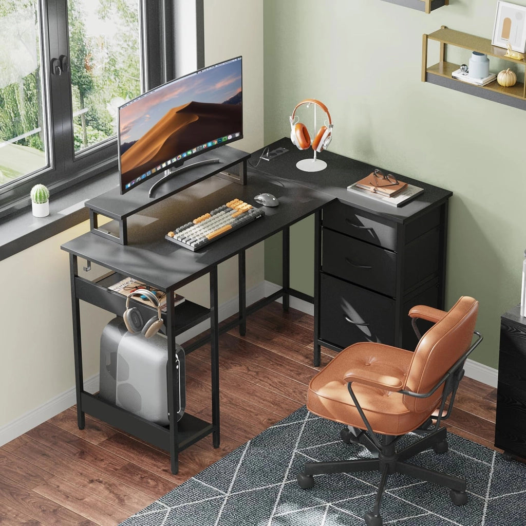 Scrivania angolare L ¨C zephmum ¨C 123x80 cm, nero, con cassetti, USB e supporto monitor