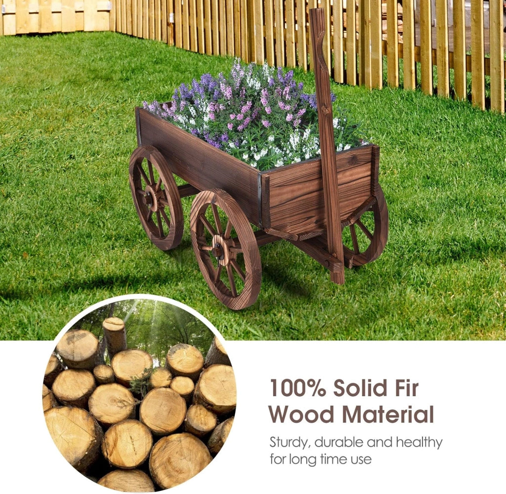 Carrello da giardino in legno di abete con 4 ruote grandi, manico regolabile, ideale per giardinaggio esterno, 120 x 43 x 54 cm, marrone
