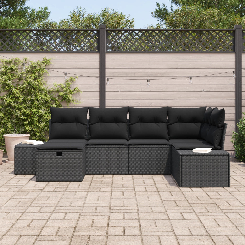 Set Divano da Giardino 6 Pezzi con Cuscini Nero Polyrattan