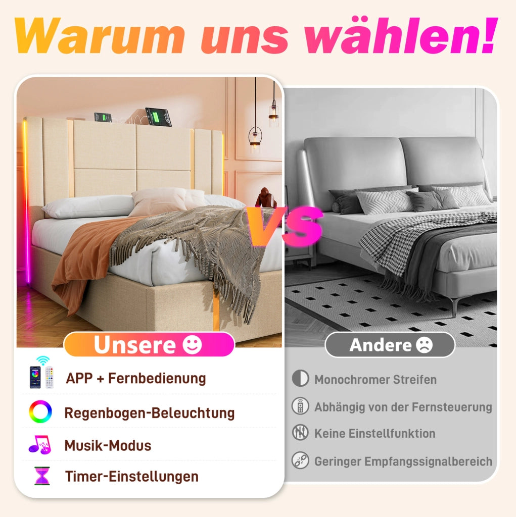 Letto imbottito contenitore 140x200 cm beige con LED e USB-C