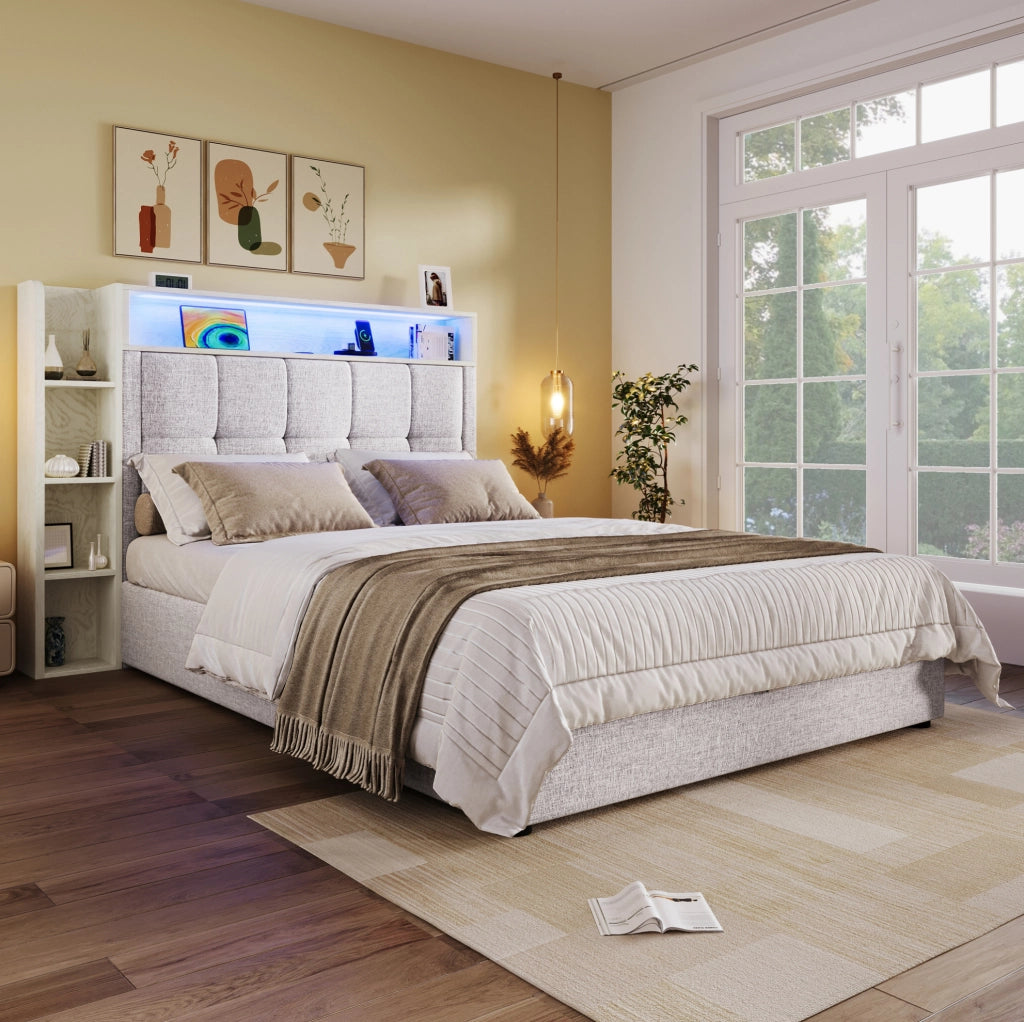 Letto imbottito 90x200 cm con contenitore; USB e LED in lino beige
