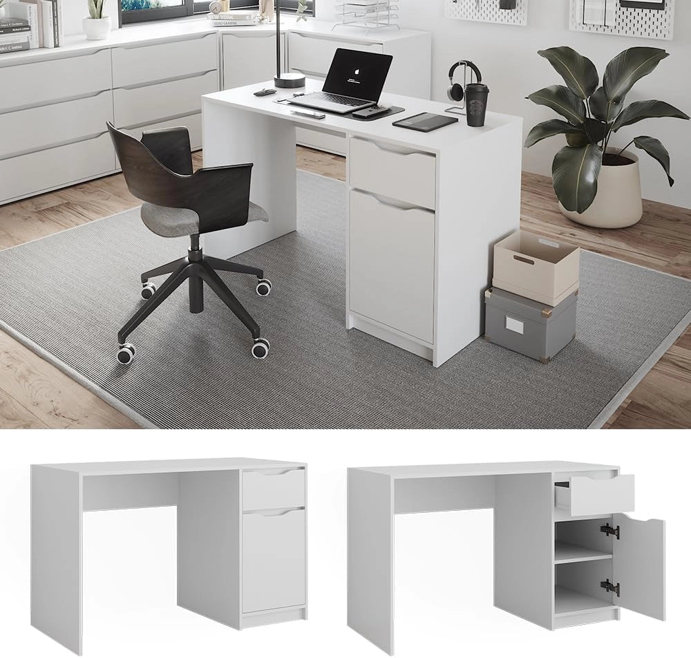 Scrivania Ruben, Bianco, 120 x 55 cm con cassetto, combinabile con altri mobili della serie Ruben