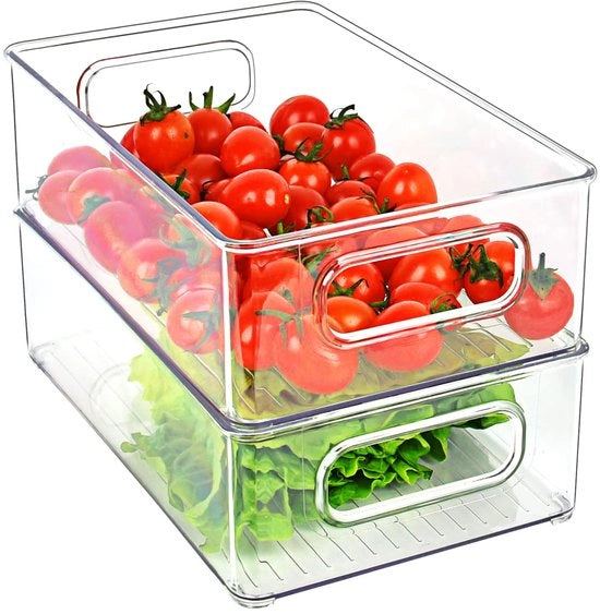 Set di organizzazione per frigorifero a 2 cassetti, scatola di stoccaggio trasparente a pile sovrapposte con maniglia, set di organizzazione per frigorifero pulito, set di box per frigorifero per cucine, armadietti di cucina, armadi - privo di BPA, medio