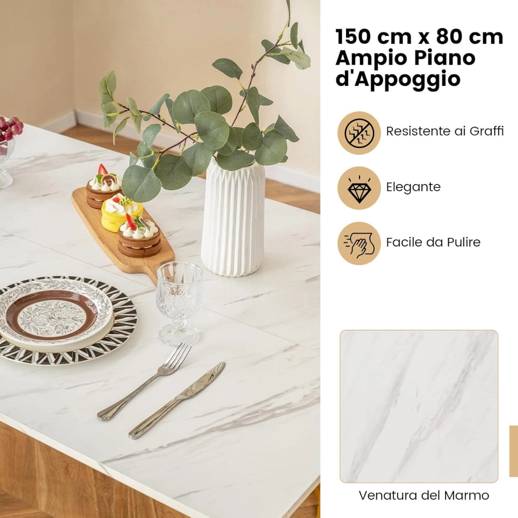 Set Tavolo da Pranzo a 4 Posti, Tavolo da Pranzo Rettangolare con Panca e 2 Sgabelli, con Gambe in Metallo Alate, per Cucina, Soggiorno, Sala da Pranzo, 150 x 80 x 75 cm