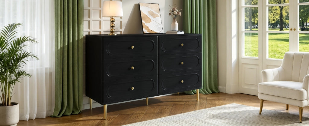 Credenza con 6 cassetti e piedi in metallo per soggiorno e ingresso, design con incisioni ovali, nero, 120 × 40 × 75 cm