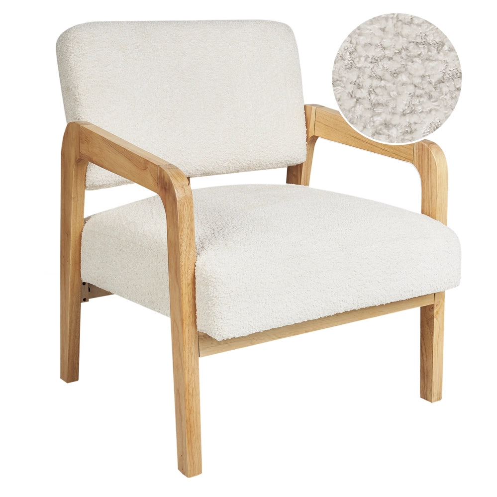 Poltrona Tessuto Boucle Bianco Morbido Nubby Struttura in legno chiaro Stile Arte Decor Retrò