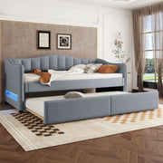 Letto Estraibile Singolo con LED Regolabile e Letto Estraibile 90×200 cm; senza Materasso; Lino e MDF; Grigio
