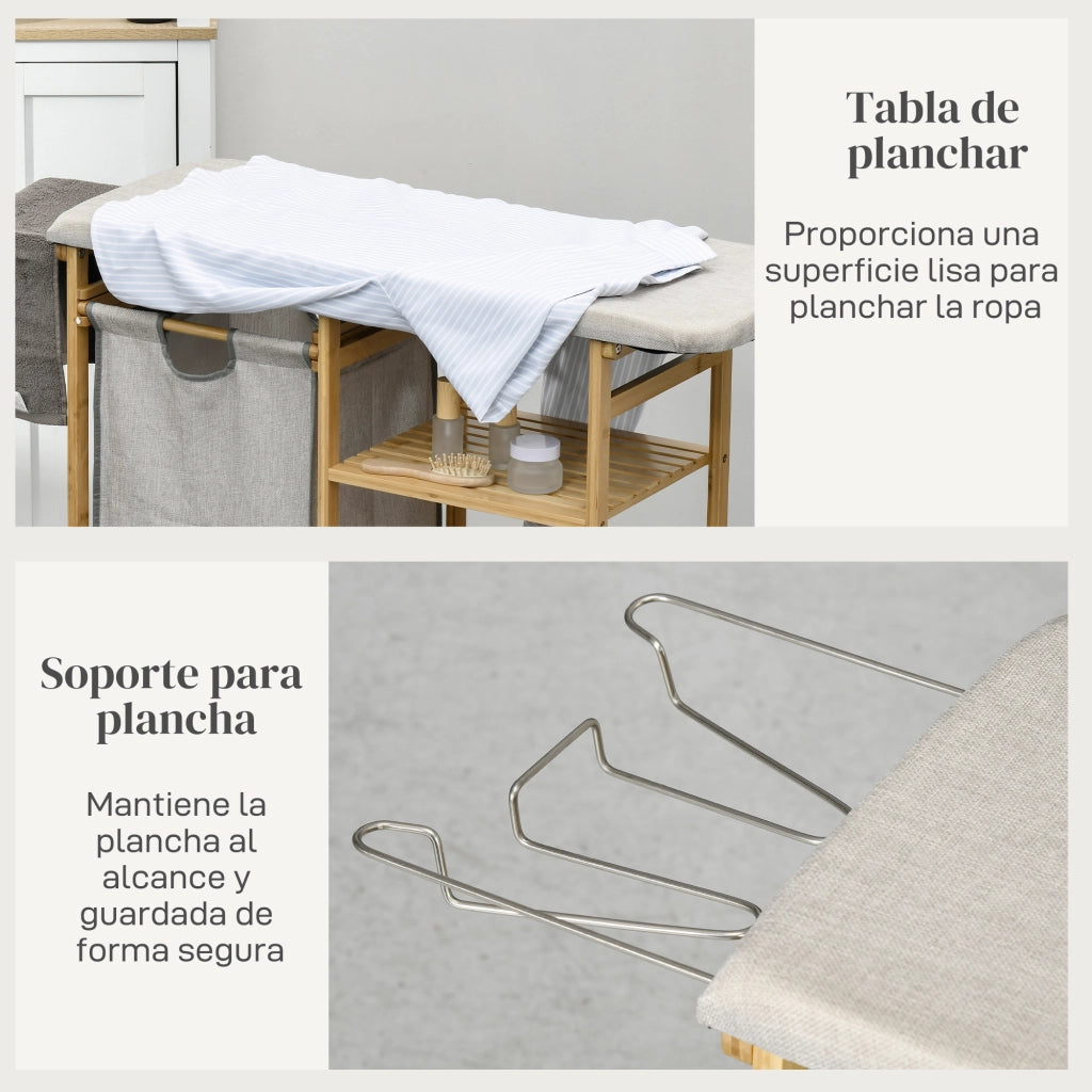 Cesto Ropa Sucia con Tavolo da Stiro e Scaffali ¨C Zephmum ¨C 113x34x82 cm Naturale