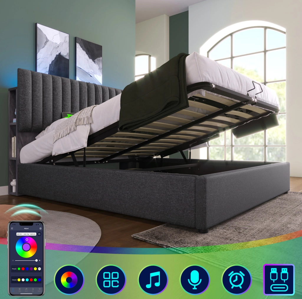 Letto matrimoniale 160x200 cm con LED, USB-C e contenitore