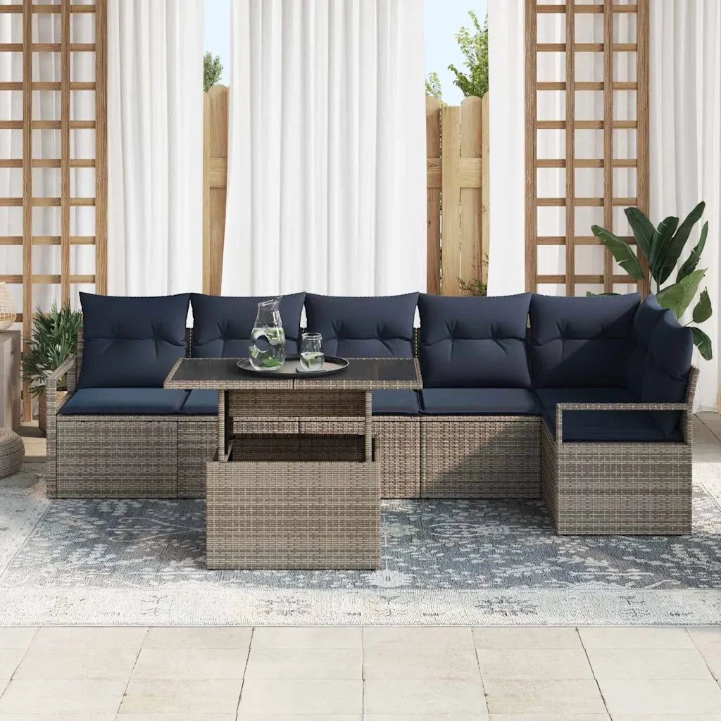 Set Divano da Giardino 7 pcs Grigio e Blu Navy polyrattan