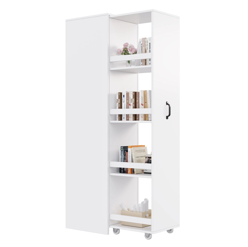 Libreria stretta 40x30x160;5 cm in MDF bianco con ruote e box protettivi
