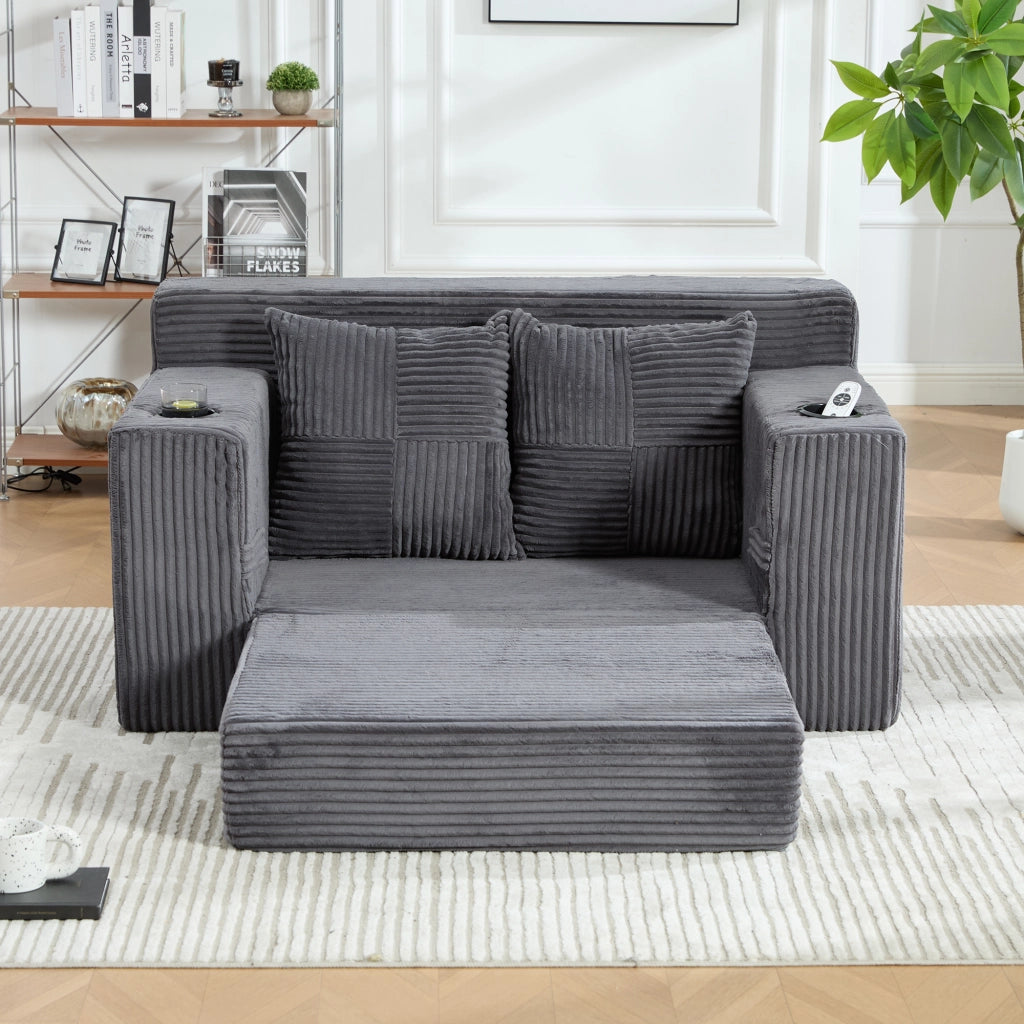 Pouf divano 151x133x64 cm in velluto a coste grigio con tasche laterali e 2 cuscini