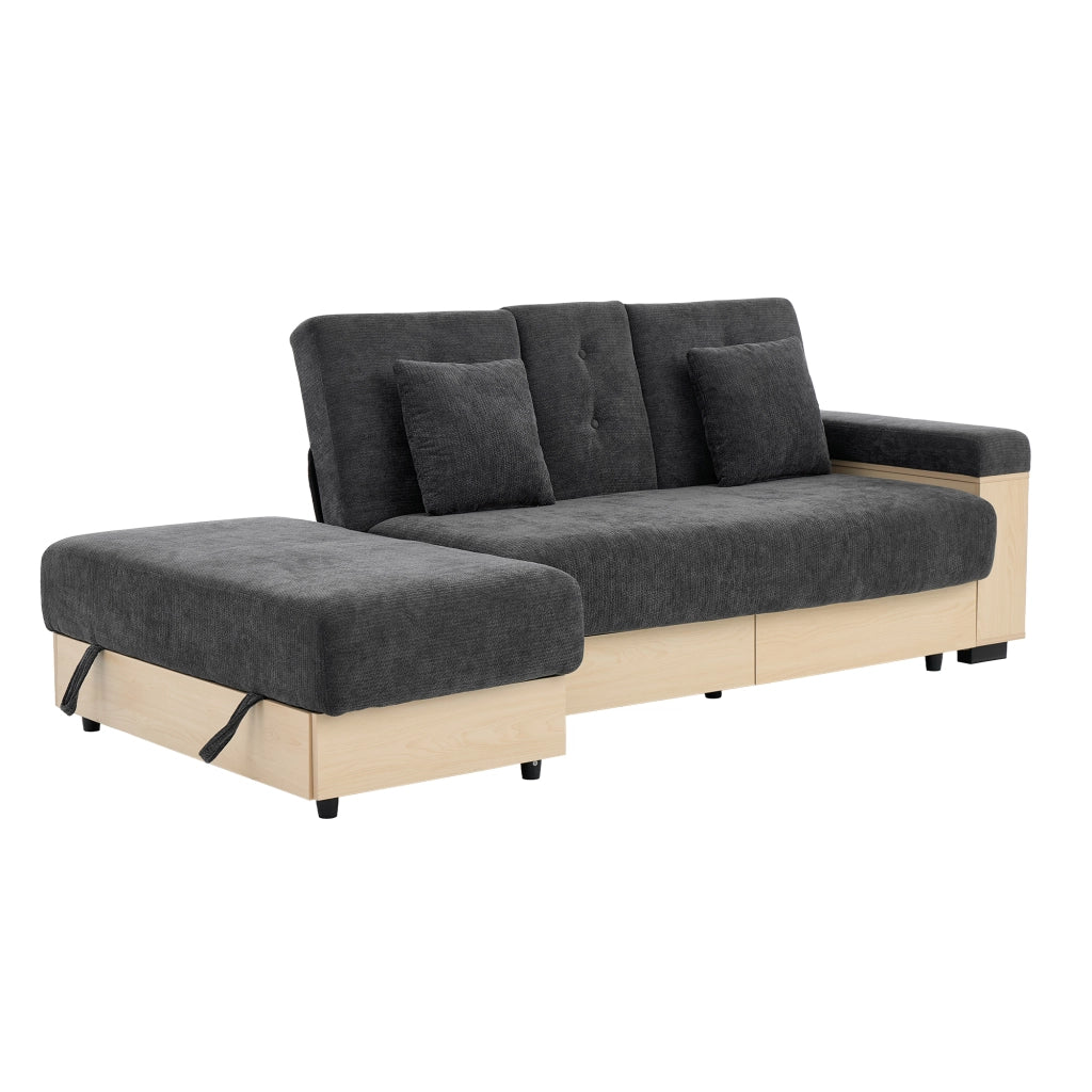 Divano in Chenille grigio con contenitore, schienale reclinabile 3 posizioni, 2 cassetti, portabicchieri e struttura in MDF, 217 cm.