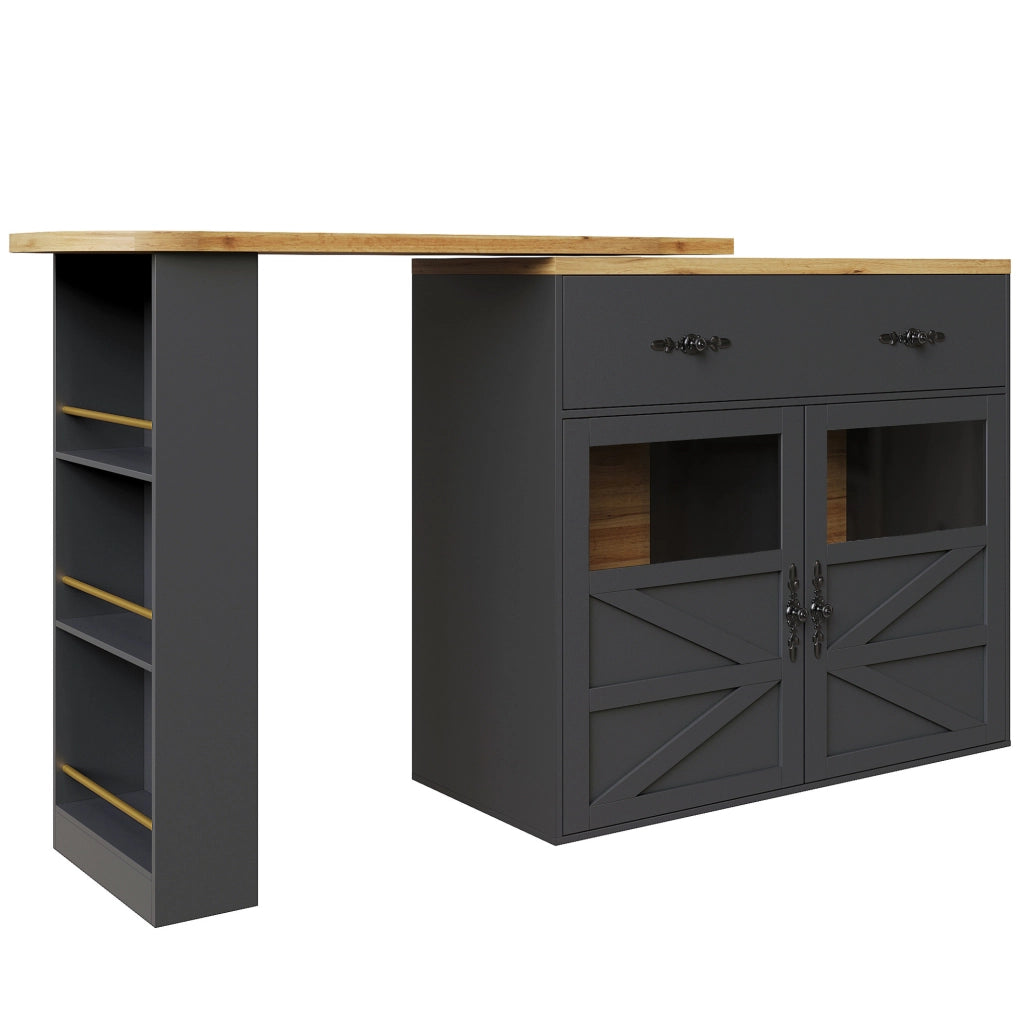 Tavolo bar 138-204x39x104 cm girevole con vani portaoggetti in MDF nero