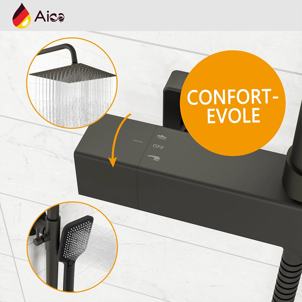 AICA Colonna doccia con miscelatore termostatico, rubinetto doccia 28x4cm, soffione doccia quadrato 30x30cm in acciaio inox nero
