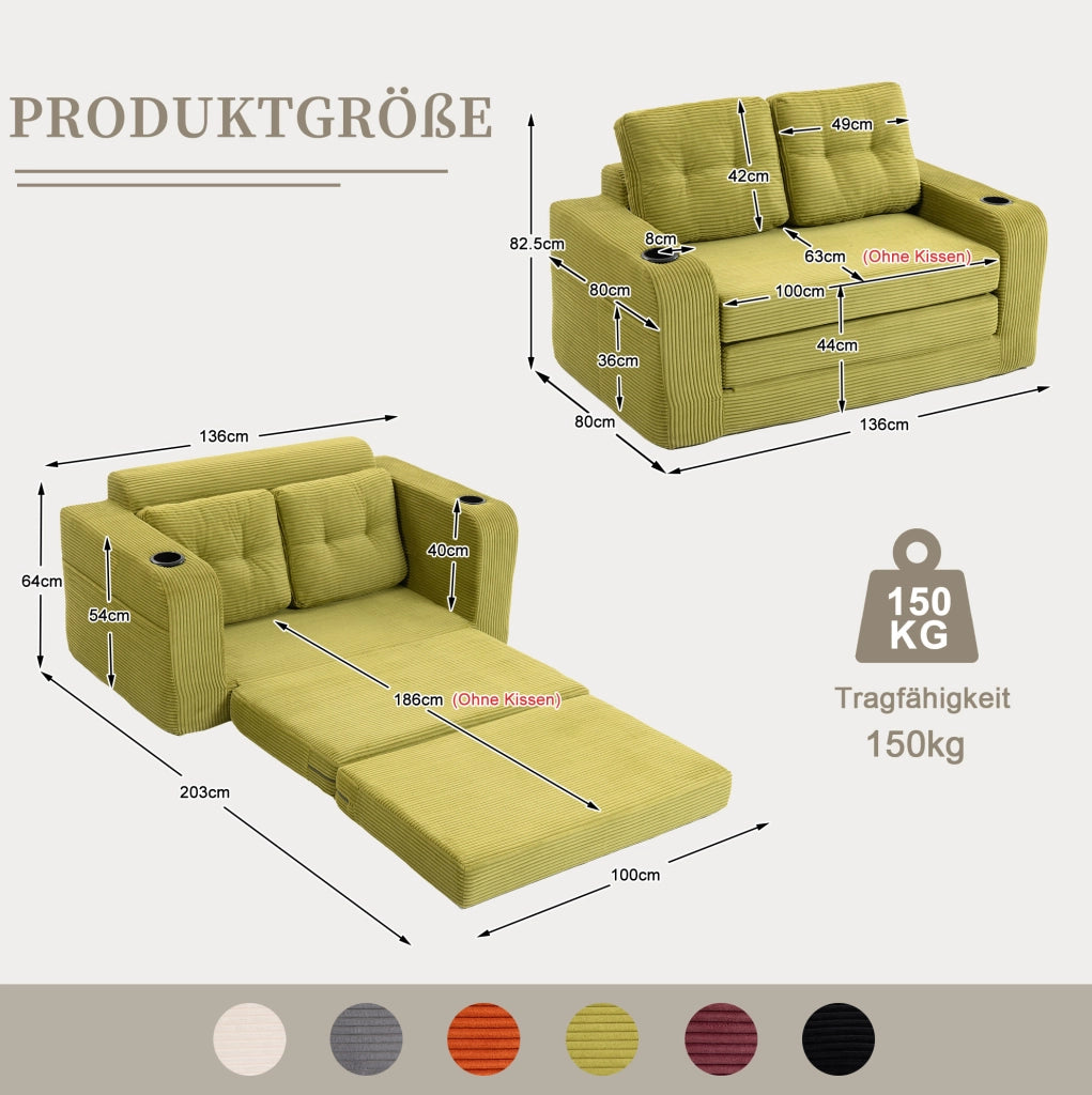 Sofa modulare a 2 posti in tessuto corduroy verde oliva; 136x80x82;5 cm; con tasche laterali e portabicchieri