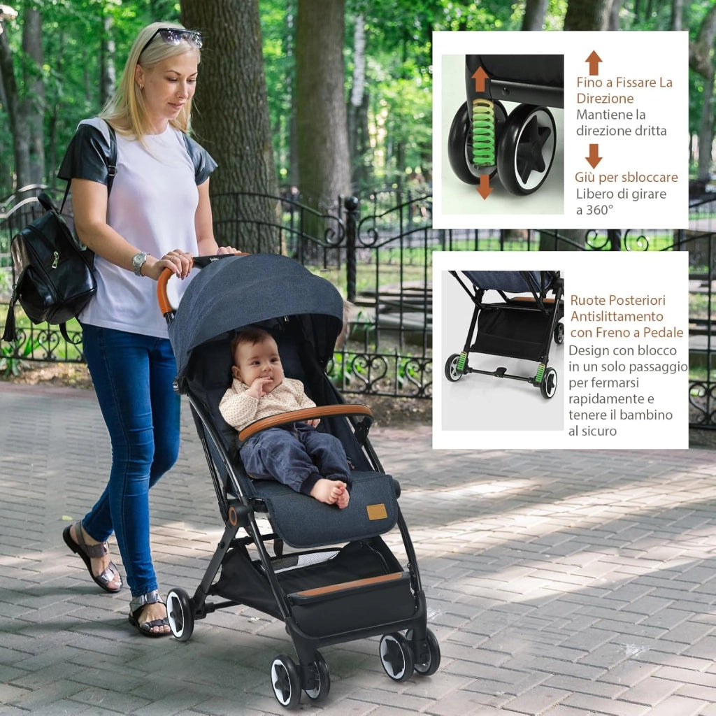 Passeggino Pighevole per Bmabini, Passeggino con Schienale e Poggiapiedi Regolabili, Passeggino Leggero Portata 15 kg, con Cappottina e Zanzariera, per Bambini 0-3 Anni (Blu)