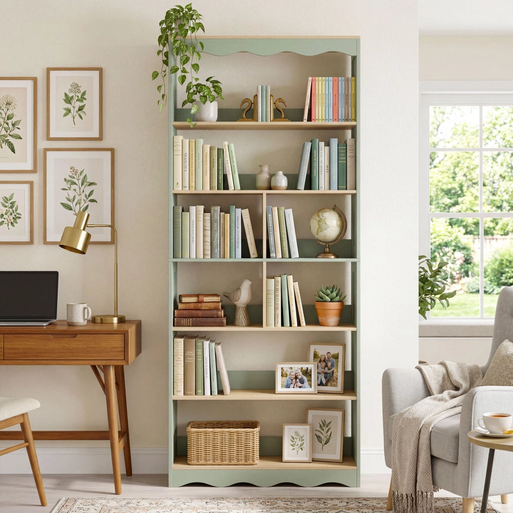 Libreria scaffale a 6 livelli con 6 scomparti aperti ¨C zephmum ¨C 76x24x180 legno naturale verde