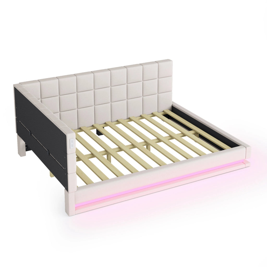 Divano letto imbottito 140x200 con LED, USB e rete a doghe