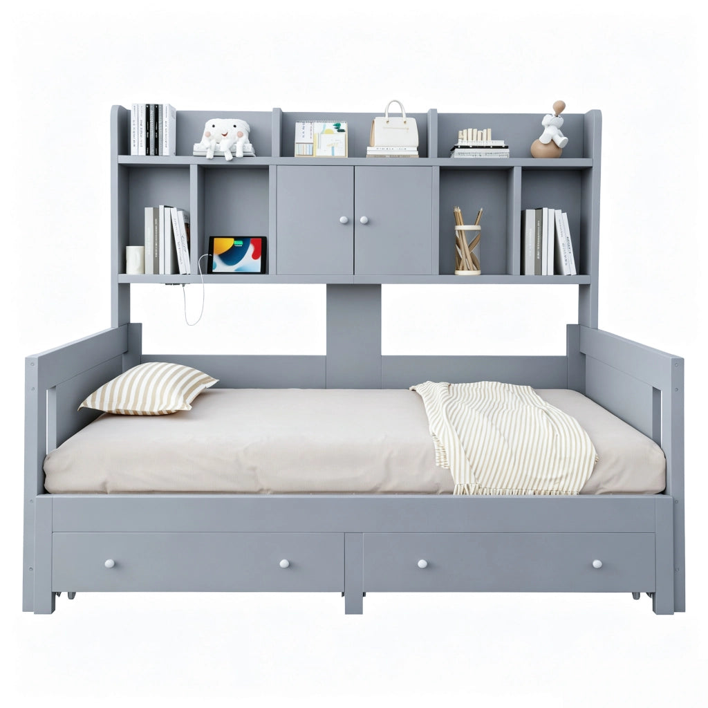 DESMIU Divano Letto 90 × 190 cm 1 posto con 2 cassetti, LED e presa, senza materasso, grigio