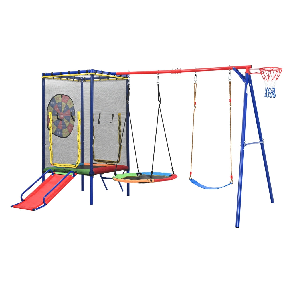 Area giochi con trampolino rete sicurezza scivolo doppia altalena e canestro in ferro multicolore 336 × 217 × 198 cm