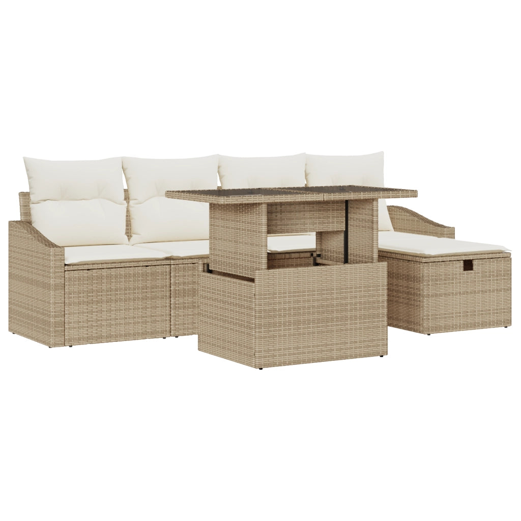 Set Divano da Giardino 6 Pezzi con Cuscini Beige Polyrattan