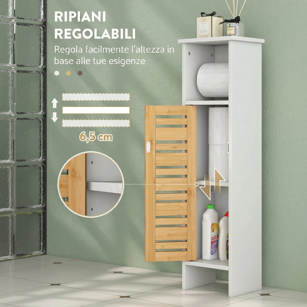 Mobile da Bagno 21x17x78 cm con Porta Rotolo di Carta Igienica e Armadietto in Bambù e MDF Bianco