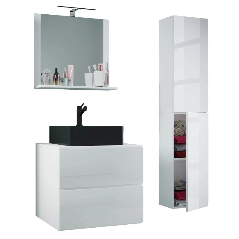 Luce Set Bagno 4 Pezzi Mobile sospeso 2 casetti con lavabo nero large in ceramica include 1 Colonna e specchio, Bianco