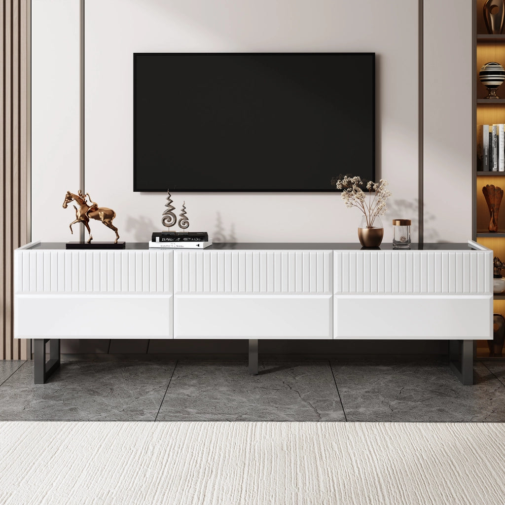 Mobile TV con 3 Cassetti e Piedini in Ferro; Piano Lucido; Stile Minimalista; 170??35??47 cm; Nero e Bianco