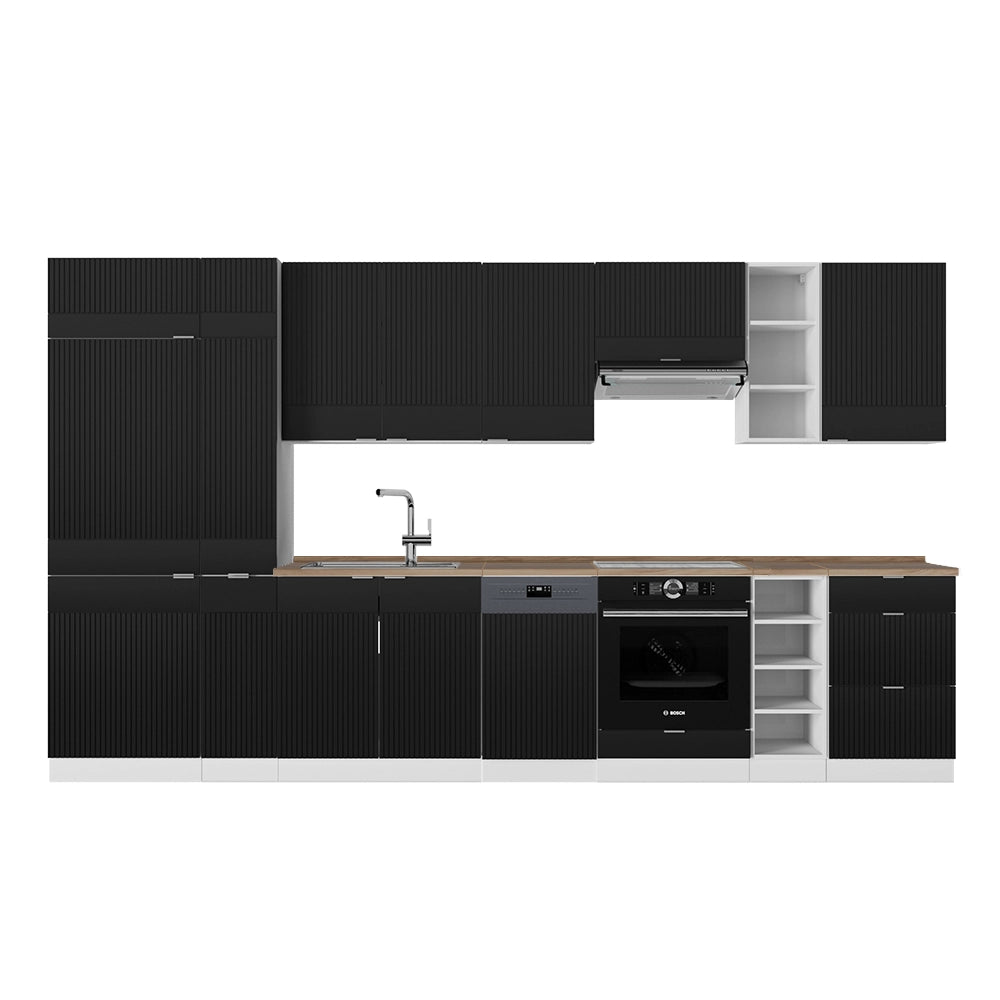 Cucina componibile Fame-Line Nero rigato/Bianco 355 cm, PL Rovere Vicco