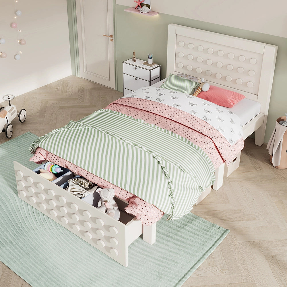 Letto bambino-Xylo-90x190 cm-design a blocchi, cassetti, contenitore, bianco, senza materasso